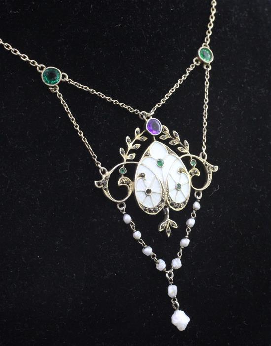 An Edwardian silver gilt, enamel, baroque pearl, marcasite and coloured paste set drop Suffragette pendant, pendant 2in.